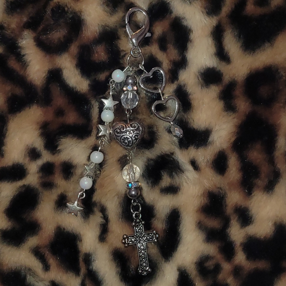 Silver Charm Keychain with Hearts and Cross